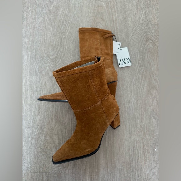 Zara suede leather tan camel heeled ancle boots heels - Picture 7 of 8